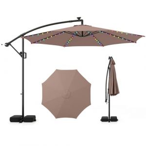 GOPLUS Grand Parasol de Jardin Extérieur avec Pied, Parasol Déporté 3x3M avec LED Coloré, 9 Modes Lumineux, Rotation à 360°, Manivelle, pour Balcon Terrrasse Patio (Marron) (Augenstern24, neuf)