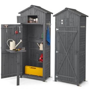 RELAX4LIFE Abri de Jardin en Bois avec Porte Verrouillable en Loquet | Table Pliante | Compartiment | 3 Étagères Amovible | 8 Crochets, Cabanon Jardin Extérieur pour Jardin Maison (Gris 65x42x181cm) (RELAX4LIFE, neuf)
