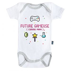 Baby Geek Future gameuse comme Papa - Body B&eacute;b&eacute; Manches Courtes - Coton - Blanc - Coutures Grises (3-6 Mois) (MadMoon, neuf)