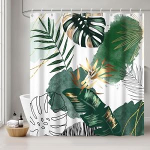 Rideau Douche Anti Moisissure, Uiiooazy Rideau de Douche 180x220cm Vert Tissu Lavable Tropical Nature Jungle Rideaux de Baignoire Feuilles de Palmier Imperm&eacute;able Rideaux Salle de Bain avec 12 Crochets (dongguibinjingpinxiaodianpu, neuf)