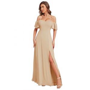 Ever-Pretty Robe de Soir&eacute;e Longue Femme &Eacute;paules D&eacute;nud&eacute;es &agrave; Bretelles &agrave; Volants Fendue en Mousseline Fluide Champagne 36 (Ever-Pretty Plus, neuf)