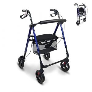 Mobiclinic®, Déambulateur 4 Roues Leger, Pliable, Augusto, Léger, Pieds et Siège Réglables, Porte-poteau, Panier, Réglable, Aluminium, Bleu (Queraltó, neuf)