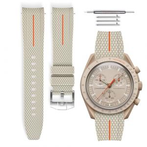 HORACE Bracelet de montre caoutchouc universel à dégagement rapide compatible avec Omega x Swatch MoonSwatch 20mm (Beige - Ligne orange - Argent) (LCGlobal, neuf)