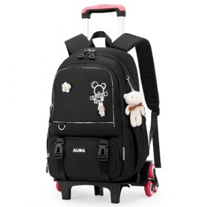 Amythe Sac à Dos à Roulettes pour Fille Collège, Cartable avec Roulettes 6 Roues pour Filles, Sac D'école avec Pendentif pour Adolescente de 9 à 18 ans, Chariot Amovible, Noir (Amythe, neuf)
