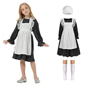 Aomig Fille Robe de Princesse, 4PCS Robe Victorienne Enfant, Déguisement de fille victorienne pour enfant pour Cosplay Mariage Carnaval Fête d'anniversaire,Noir (L) (OODDH, neuf)