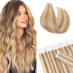 SEGO Extension Adhésive Cheveux Naturel - Bande Adhesive Extension Colle Cheveux Humain - Tape in Hair Extension Cheveux Naturel Adhesif - 45CM 12P613#Brun Doré & Blond très Clair (Shiny Collection-88, neuf)