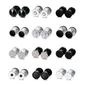 JeweBella 12 Paires Boucle d'Oreille Homme Acier Inoxydable Piercing Oreille Boucles d'Oreilles Noir Argent Punk Faux Ecarteur Oreilles Haltères Ronds Faux Plugs Boucles d'Oreilles pour Homme 8MM (MOY-UK, neuf)