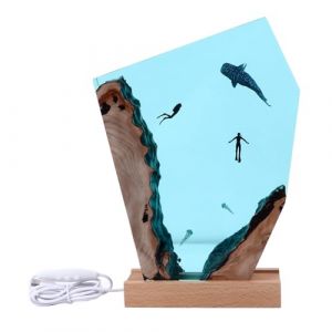 Plongeur Baleine Grotte Océan Lampe Résine Bois Lampe de Table de Chevet Bureau Art Ornements Vif Marin Art Veilleuse alimenté par USB Bouton de Contrôle Convient à la décoration intérieure (Amoq313, neuf)