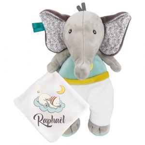KDO MAGIC - Doudou personnalisé - Personnalisable avec Un prénom - Peluche personnalisée - Cadeau Naissance, garçon, Fille, bébé, Anniversaire (Nuage, Éléphant) (KDO-MAGIC, neuf)