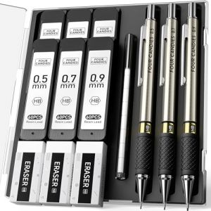 Four Candies Lot de 3 porte-mines en métal de 0,5, 0,7 et 0,9 mm, 360 mines HB, 3 gommes et 9 recharges de gomme, pour dessin, écriture, croquis, dessin – Avec étui (Four Candies, neuf)