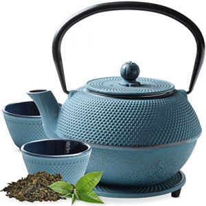 Tealøv THEIERE FONTE 1,1 LITRE SET COMPLET | BOÎTE CADEAU | Service à Thé en Fonte avec Théière, 2 Tasses & Dessous Théière | Entièrement Émaillée de l'Intérieur | Design De Style Japonais | Bleu (Cook & Dine, neuf)