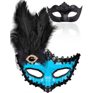 SIQUK 2 Pièces Masque Vénitien Couple Masque de Mascarade Bal Masqué Vénitien Masque Femme Homme pour Les Yeux pour Halloween Mascarade Carnaval, Noir & Bleu (Siquk EU, neuf)