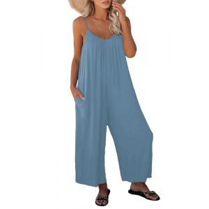 Haibang Combinaison Femme Été Sans Manches Casual Jumpsuit Chic et Élégant Bretelles Spaghetti Réglables Romper Salopette à Jambes Larges Loose Playsuit avec Poches (Haibang Store, neuf)