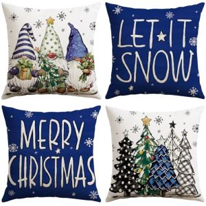 Sungeek Lot de 4 Housses de Coussin No&euml;l, Taies d'oreiller de D&eacute;coratives en Lin Housse Coussins pour Lit Canap&eacute; Chambre Salon (40 x 40cm, Arbre de Noel GNOME Bleu Fonc&eacute;) (Sungeek, neuf)