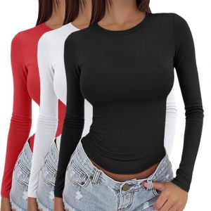 Lot de 3 t-shirts &agrave; manches longues pour femme - En coton - Maillot de corps pour femme - Col rond - Classique - Coupe ajust&eacute;e - Couleur unie - Pull tunique - Sous-v&ecirc;tements thermiques - Haut en (Wen007S, neuf)