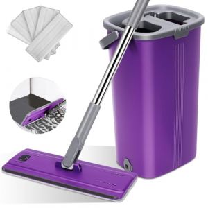 Myiosus Balai Serpillière Seau Essoreur, Balai Plat Rotatif 360° avec 5 Microfibre Tampons Réutilisables, Serpillière 138cm et Seau Essoreur pour Nettoyage de Sol Bois, Marbre, Carrelage (Aone-EU, neuf)