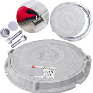 Couvercle de regard rond 600 mm A15 gris clair avec cadre renforcé, plaque de regard en polymère-sable 1,5t, couvercle fosse septique plastique, regard eau pluviale, caniveau exterieur (LUN FIX, neuf)
