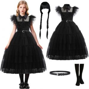 Windskids Déguisement Halloween Fille Noir Gothic Vintage Zombie Mariée Fantôme Maxi Tulle Robe de Bal avec Perruque et Chaussettes Set pour Carnaval Fête Fancy Dress up Costume, 4-10 Ans (Windskids, neuf)