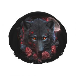 Bonnet de douche pour douche &ndash; Rose pleine lune loup noir double couche r&eacute;utilisable, grand bonnet de douche pour femme, bonnet de douche pour douche avec doublure en PEVA et corde &eacute;lastique (Vosery, neuf)