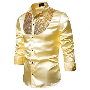 Chemise &agrave; Paillettes pour Homme en Satin de Soie Brillante Disco Party Chemise Veste Tops 2025 Nouvelles Chemises Chemise &agrave; Paillettes Slim Hauts Classique Chemise Chemise Brillante Manches Longues (Beythetly, neuf)
