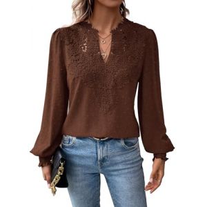 TUUHAW Tunique Femme Grande Taille Chemise Femme Chic et &Eacute;l&eacute;gant Manches Longues Boh&egrave;me Top Col en V D&eacute;contract&eacute; T-Shirts Automne Fluide &agrave; Point Suisse Dentelle Festonn&eacute;e Haut Marron XXL (aiaolan, neuf)