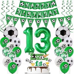 Décoration 13 ans de football,Decoration Anniversaire Football 13 ans,Ballon de foot 13 ans anniversaire,13 ballon de foot Déco vert, 13 ans décoration de gâteau de football,Anniversaire Foot 13 (Yishamei, neuf)