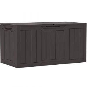 YITAHOME Boîte de rangement en résine de 370 litres, résistante aux intempéries, verrouillable pour intérieur et extérieur pour fournitures et articles essentiels, marron foncé (Yitafamily, neuf)