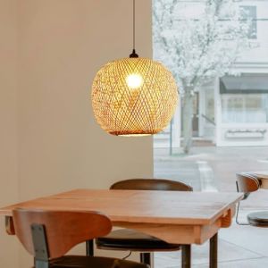 COOYO Lampes Suspendues vintage en rotin lustre en bambou naturel lustre Suspension en osier tressé à la main abat-jour E27 réglable en hauteur Table Chambre à coucher Étude Salon à manger lustre(20cm (LTY-YUPIN, neuf)
