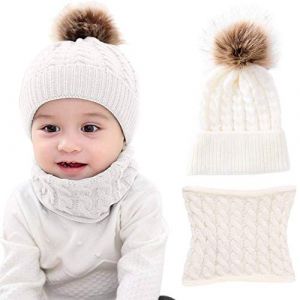 CheChury B&eacute;b&eacute; Bonnets et &eacute;charpes en Tricot Fille Hiver Pompom Tricot&eacute;s Bonnet B&eacute;b&eacute; 0-24 Mois Gar&ccedil;on Chaud &Eacute;charpe Ensemble Enfants-A-Blanc-Taille Unique (Sofenny, neuf)