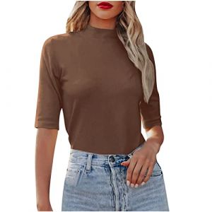 Pull Femme Élégant Manches Courtes T-Shirt Été À 1/2 Bras avec Col Montant Couleur Uni Élastique T-Shirt À Col Roulé en Coton Basique Tops Chemisier Slim Fit Chemise Pas Cher (⭐⭐⭐⭐⭐Zeiayuas, neuf)