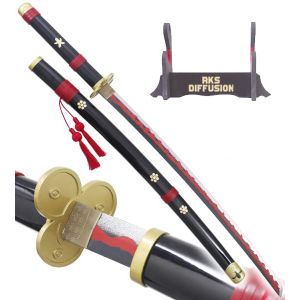 RKS DIFFUSION One Piece Katana en Bois Lame en Bois Enma Sabre en Bois de Zoro Epee Meito Zoro Sabre Camping Cosplay + Presentoir en Bois Inclus (Repliksword, neuf)