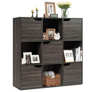GOPLUS Bibliothèque 9 Cases, Meuble de Rangement 9 Compartiments 5 Portes, Bibliotheque Etagere Rangement Anti-Basculement pour Bureau, Salon, Chambre, 90 x 29 x 90CM, Marron (Augenstern24, neuf)