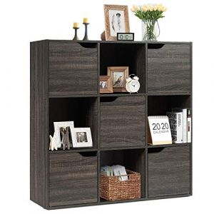 GOPLUS Bibliothèque 9 Cases, Étagère de Rangement 9 Compartiments 5 Portes Meuble de Rangement Anti-Basculement Design et Moderne pour Bureau, Salon, Chambre d’Etude, 90 x 29 x 90 CM, Marron (Augenstern24, neuf)