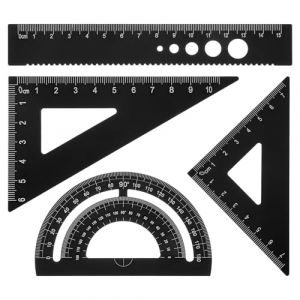 Nogeqi Lot de 4 règles en métal avec équerre en alliage d'aluminium - Petit architecte - Pour élèves, enseignants, ingénieurs - Noir (railing, neuf)