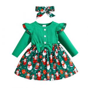 KONFEN Robe Noel Bebe Fille - Robes de No&euml;l B&eacute;b&eacute; Fille &agrave; Volants Manches Longues avec N&oelig;ud + Bandeau 2 pi&egrave;ces pour Bebe Fille Toddler 2-3 Ans pour Printemps Automne Hiver (No&euml;l Motif) (CUMPARATURI ONLINE, neuf)
