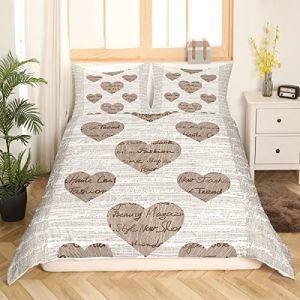 Amant Housse de Couette Beige Marron Femmes Filles Grain de Bois Ensemble de Literie Mot Imprimer Couples Coeur Motif Housse de Couette Ensemble R&eacute;tro Romance 3 pi&egrave;ces pour Chambre D&eacute;cor, 200x200cm (Bofanshangmao, neuf)