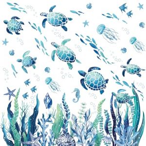 decalmile Stickers Muraux Sous la Mer Algues Autocollant Mural Océan Herbe Tortue Poisson Méduse Décoration Murale Chambre Enfants Bébé Pépinière Salle de Bain (DecalMile Direct, neuf)
