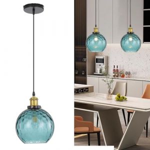 HJXDtech Lampe Suspendue Vintage Industriel avec Globe en Verre Artistique de 20cm, Finition Bronze Antique E27,Suspension Luminaire R&eacute;tro Loft pour Salle &agrave; Manger, Chambre et Salon (Bleu fonc&eacute;) (HJXDtech, neuf)