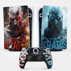Sticker pour la PS5 Kratos, Autocollant Skin pour la PS5 Gaming, Console et Manette, Edition Standard Digital, Skin Kratos (1 Manette) (Hellocom34, neuf)