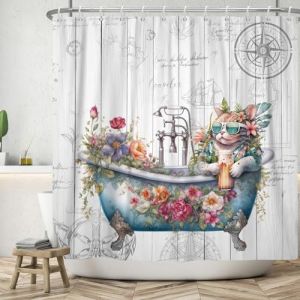 ASDCXZ Rideau de Douche drôle 120x200 cm, Fond Maritime en Bois Vintage Chat drôle Fleurs Feuilles Lavables Rideau Douche imperméable en Textile pour Baignoire avec 8 Crochets (Qingjuan Trade, neuf)