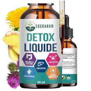 Gouttes d&eacute;tox 5 en 1 - Perte de poids, cure du foie, chardon-Marie, nettoyage du c&ocirc;lon, am&eacute;liore la digestion, soutient le syst&egrave;me immunitaire - Gingembre, bardane, rhubarbe, pissenlit (SoGranum, neuf)