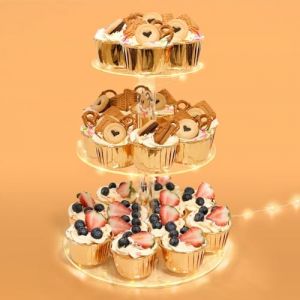 Ulifeme 3 Etages Pr&eacute;sentoir Cupcake, Support &agrave; Cupcakes avec Guirlande Lumineuse &agrave; LED Jaune, Presentoir Gateau Rond pour Anniversaire, Mariage, Remise de Dipl&ocirc;mes, Anniversaire, D&eacute;coration de F&ecirc;teE (Xinlucheng-EU, neuf)
