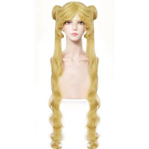 Windskids Sailor Moon Cosplay Perruques Femme Or Long Double Queue de Cheval Boucles Pony Perruques Déguisement Sailor Moon Tsukino Usagi Halloween Carnaval Fête Mascarade Performante Anime Wig (Windskids, neuf)