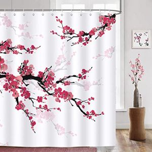 Bonhause Rideau de Douche Fleur de Cerisier Rouge Rideau de Bain Tissu Polyester Anti Moisissure Imperméable Lavable Rideaux Salle de Bain 180 x 180 cm avec 12 Crochets pour Baignoire (Bonhause EU, neuf)