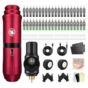 LIUMATE Kit Tatouage avec alimentation de tatouage sans fil Batterie 40 pièces Aiguilles de Cartouche 40 pièces Encre tasses Rotatif Stylo Machine à tatouer Kit pour débutants (LIUMATE OFFICIAL, neuf)