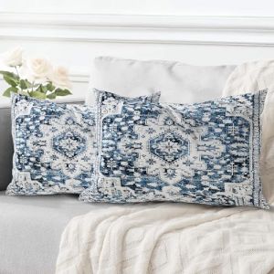 ECZOIL Lot de 2 Decorative Housse de Coussin 40x60 cm Boho Ethnique Vintage en Canap&eacute; Taie d'oreiller Douce pour Maison Salon Chambre Canape Boh&egrave;me Art d&eacute;co - Bleu/Blanc (HZLFCZL, neuf)