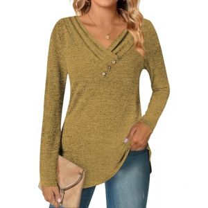 DUOEASE Pull Femme Elegant Hiver Automne Chemisier Manches Longues Tunique Confortable D&eacute;contract&eacute; Top(Jaune Moutarde,S) (DUOEASE Direct, neuf)