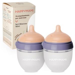 HappyMami - Set de 2 Biberons en Forme de Sein, T&eacute;tine en Silicone de Qualit&eacute; M&eacute;dicale, Double Syst&egrave;me Anti-Colique, sans BPA, Lavable au Lave-vaisselle, Chauffe-biberon (Violet Soie, 150 ml) (Happymami, neuf)
