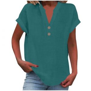 2025 Chemise Lin Femme Coton Et Lin Chemisier élégant à col en V Femme Manches Courtes Henley Chemisier Couleur Uni Tee Shirt été Haut Top Respirant T-Shirts Grande Taille Tunique Blouse Pas Cher (GMGM  (Économisez 50% sur 1 des 2 articles), neuf)