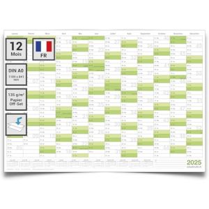 Kalenderoutlet Din A0 1 Calendrier mural/planificateur annuel vert XL 2025 grand format 118,8 x 84,0 cm matériau 135g/m2 impression de qualité plié calendrier annuel, calendrier - français (Kalenderoutlet, neuf)